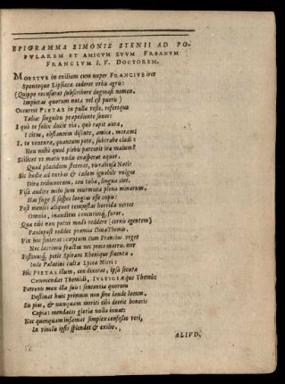 Epigramma Simonis Stenii Ad Popularem Et Amicum Suum Urbanum Francium ...