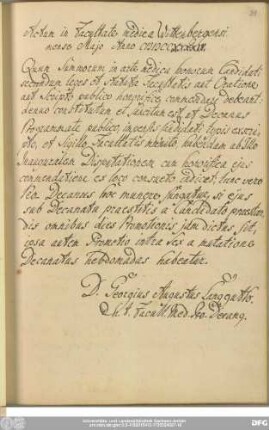 Actum in Facultate medica Wittenbergensi mense Majo Anno MDCCXXXXIV.
