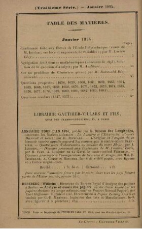 Table des matières. Janvier 1894.
