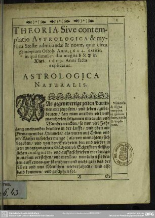 Theoria sive contemplatio astrologica et mystica stellae admirandae et novae, quae circa principium Octob. ... 1604 ... extitit