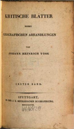 Kritische Blätter : nebst geografischen Abhandlungen. 1