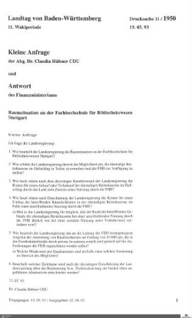 Anfrage der CDU: Raumsituation der Fachhochschule für Bibliothekswesen Stuttgart