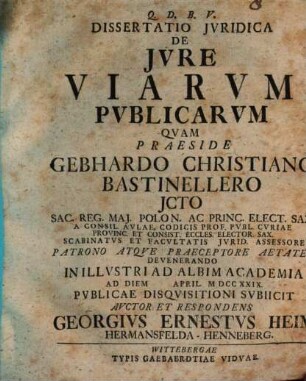 Dissertatio iuridica de iure viarum publicarum