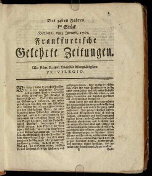 Ites Stück Dienstags, den 3. Januarii, 1769. - Xtes Stück Freytags, den 3. Februarii, 1769.