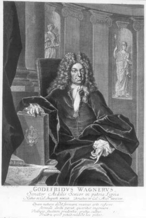 Bildnis Gottfried Wagner (1652-1725; Baumeister und Ratsherr in Leipzig). Kupferstich von M. Bernigeroth. Dresden: Kupferstich-Kabinett. Singer 94421
