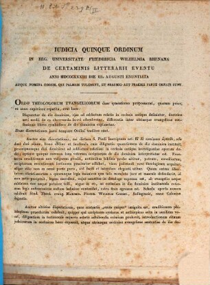 Iudicia quinque ordinum Universitatis Fridericiae Guilelmiae Rhenanae de litterarum certaminibus anni ... facta novaeque quaestiones anno ... propositae, 1833