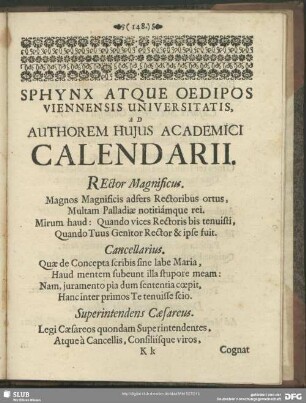 Sphynx Atque Oedipos Viennensis Universitatis, Ad Authorem Hujus Academicic Calendarii