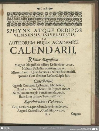 Sphynx Atque Oedipos Viennensis Universitatis, Ad Authorem Hujus Academicic Calendarii