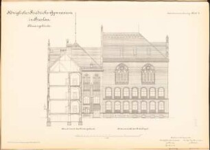 Friedrichs-Gymnasium, Breslau: Schnitt durch das Vordergebäude und Ansicht des Aulaflügels 1:100