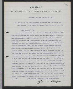 Brief von Helene Lange an die Vorstände der Braunschweiger Frauenvereine z.H. Hedwig Götze und Elisabeth Wernicke