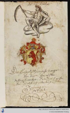 Kolorierte Federzeichnungen von Wappen und der Zähringer Burg