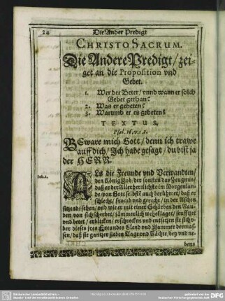 Die Andere Predigt, zeiget an die Proposition und Gebet
