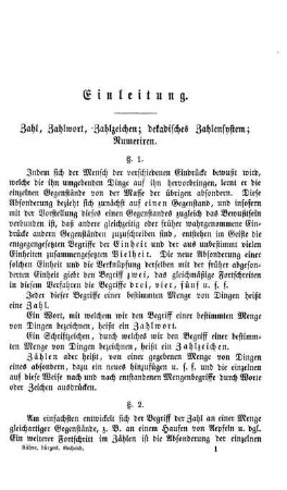 Einleitung. Zahl, Zahlwort, Zahlzeichen; dekadisches Zahlensystem; Numeriren.