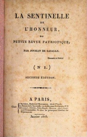 La Sentinelle de l'honneur, ou petite revue patriotique, 1