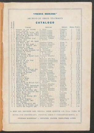 Catálogo : "Prensa Moderna", Archivo de obras teatrales