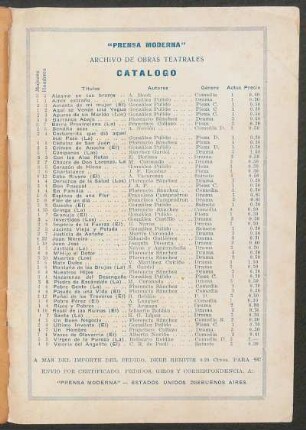 Catálogo : "Prensa Moderna", Archivo de obras teatrales