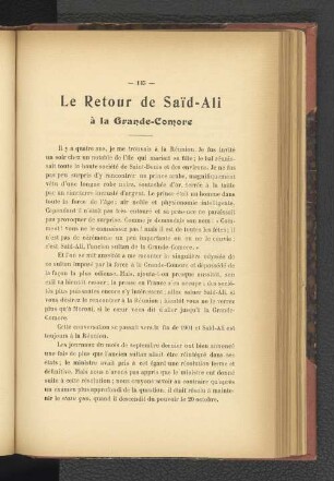Le Retour de Said-Ali à la Grande-Comore.