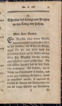 IX. Schreiben des Königs von Preußen an den König von Pohlen.
