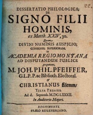 Dissertatio Philologica, De Signo Filii Hominis, ex Matth. XXIV,30.
