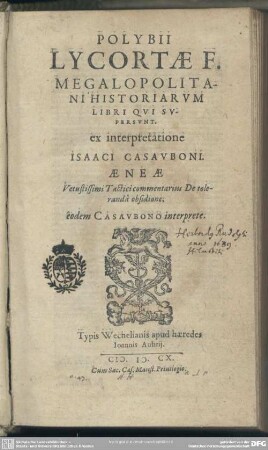 Polybii Lycortae F. Megalopolitani Historiarum libri qui supersunt