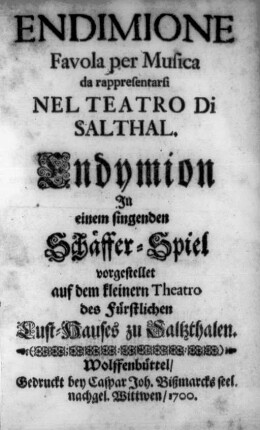 Endimione : Favola per Musica da rappresentarsi Nel Teatro Di Salthal : Jn einem singenden Schäffer-Spiel vorgestellet auf dem kleinern Theatro des Fürstlichen Lust-Hauses zu Saltzthalen