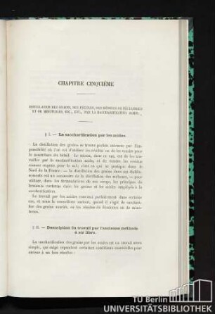 Chapitre cinquième. Distillation des grains, des fécules, des résidus de féculeries et de minoteries, etc., par la saccharification acide