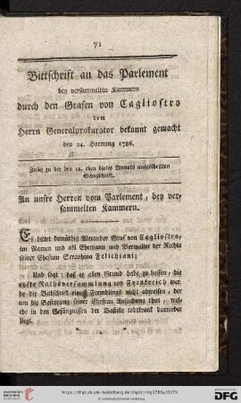 Bittschrift an das Parlement
