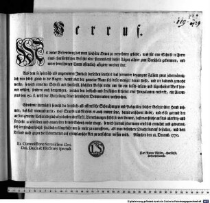 Verruf. Mit vieler Befremdung hat man höchster Orten zu vernehmen gehabt, was für eine Schrift in Form eines churfürstlichen Befehls oder Patents erst dieser Tägen allhier zum Vorschein gekommen, und unter dem schönen Thurn offentlich affigiert worden seye ... : München den 18. Decemb. 1770.