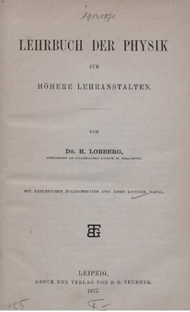 Lehrbuch der Physik für höhere Lehranstalten : Mit zahlreichen Holzschnitten und einer lithographischen Tafel