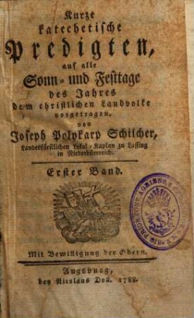 Kurze katechetische Predigten auf alle Sonn- und Festtage des Jahres, 1