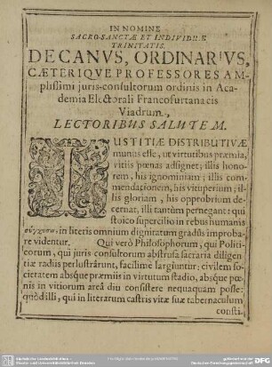 Decanus, Ordinarius, Caeterique Professores Amplissimi juris-consultorum ordinis in Academia Electorali Francofurtana cis Viadrum, Lectoribus Salutem