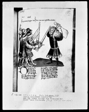 Auszug biblischer Geschichten — Simson schlägt die Philister mit eines Esels Kinnbacken, Folio 182recto