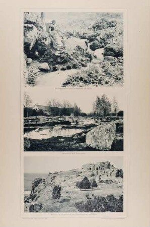 "Holtemmethal bei Hasserode im Harz", "Bauernhof auf Bornholm", und "Felsruine Regenstein bei Blankenburg im Harz" aus der Mappe "Malerische Bilder"