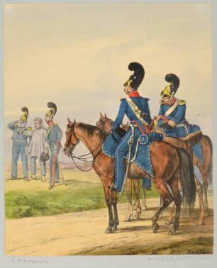 Soldaten des 2. Reiterregiments der Königlich Sächsischen Armee mit einem Zivilisten, aus: Das deutsche Bundesheer in charakteristischen Gruppen, Bd. 2 Sachsen u. a.