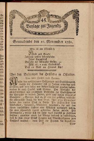 45. Beylage zur Jugendz. Sonnabends den 10. November 1781