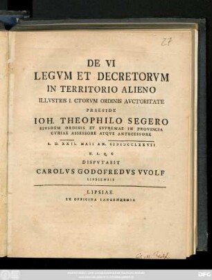 De VI Legvm Et Decretorvm In Territorio Alieno