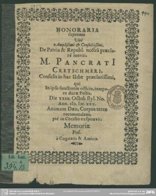 Honoraria suprema Pancratii Cretschmeri ...