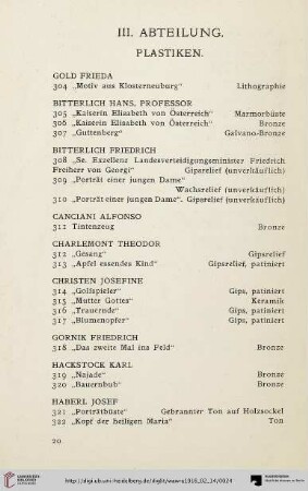 III. Abteilung: Plastiken (Nr. 304-346)