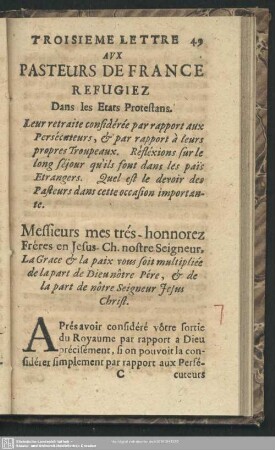 Troisieme Lettre Aux Pasteurs De Fance Refugiez Dans les Etats Protestans