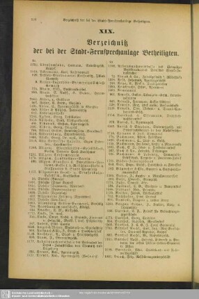 XIX. Verzeichniß der bei der Stadt-Fernsprechanlage Betheiligten
