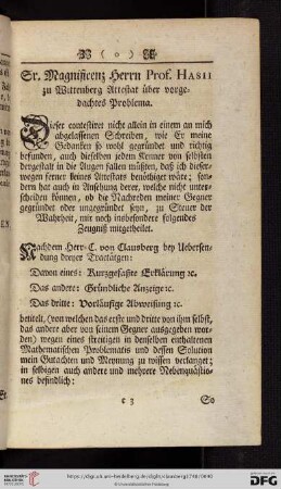 Sr. Magnificenz Herrn Prof. Hasii zu Wittenberg Attestat über vorgedachtes Problema