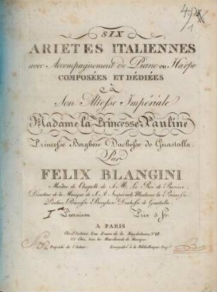 Six ariettes italiennes : avec accompt. de piano ou harpe, 1