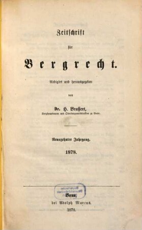 Zeitschrift für Bergrecht : ZfB, 19. 1878