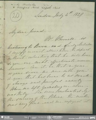 Eigenh. Brief von Charlotte Malcolm an August Wilhelm von Schlegel, London, 04.07.1829