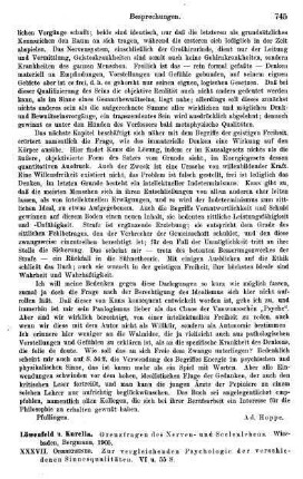 745-747, Löwenfeld und Kurella, Grenzfragen des Nerven- und Seelenlebens, 1905 / Obersteiner, Zur vergleichenden Psychologie der verschiedenen Sinnesqualitäten / Löwenfeld, Über die geistige Arbeitskraft und ihre Hygiene / v. Bechterew, Die Bedeutung der Suggestion im sozialen Leben