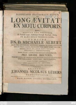 Dissertatio Inauguralis Medica, De Longævitate Ex Motu Corporis