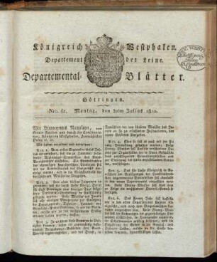 Nro. 61. Montag, den 30ten Julius 1810 [-] Nro. 70. Donnerstag, den 30ten August 1810