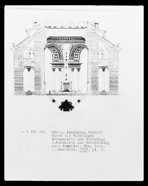 Paris, Panthéon, Schnitt durch die Widerlager Brongniarts und Vorschlag J. Roudelets zur Verstärkung