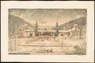 Landhaus, Nyon (Haus Schwebes, zahlreiche Varianten): Perspektivische Ansicht (Gartenseite, Winter)