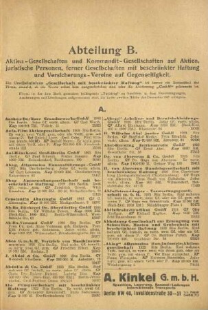 Abteilung B. Aktien-Gesellschaften und Kommandit-Gesellschaften auf Aktien, juristische Personen, ferner Gesellschaften mit beschränkter Haftung und Versicherungs-Vereine auf Gegenseitigkeit